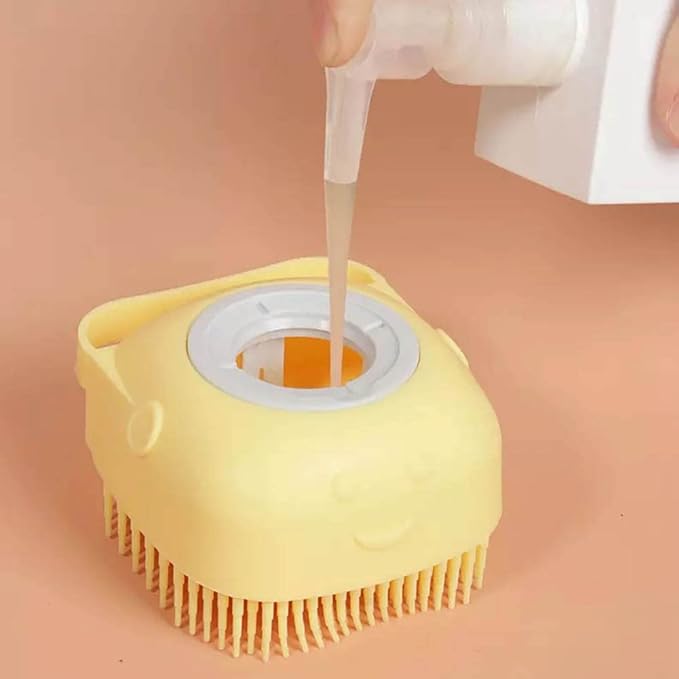 Dog Brush – Cat Brush – Shampoo Dispensing Scrubber – Soft Silicone Design – Hanging Loop – For All Skin Types – Grooming, Deshedding and Exfoliating, Yellow