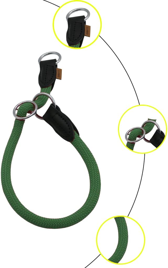 Braided Rope Collar, Pro Training Dog Collar, No Pull Round Martingale Collar, Slip Collar with Slidable Stop Ring - Ideal for Large Dogs (L(1/2") - 22" Long, Dark Green)