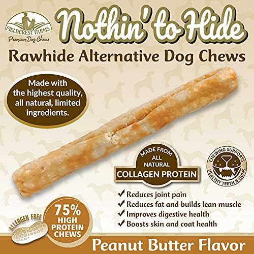 Fieldcrest Farms Nothing to Hide Natural Rawhide Alternative Large 10'' Rolls for Dogs - 3 Pack (6 Chews) Premium Grade Easily Digestible Chews - Great for Dental Health (Peanut Butter)