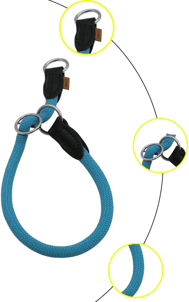 Braided Rope Collar, Pro Training Dog Collar, No Pull Round Martingale Collar, Slip Collar with Slidable Stop Ring - Ideal for Extra Small Dogs (XS (1/4") - 14" Long, Light Blue)