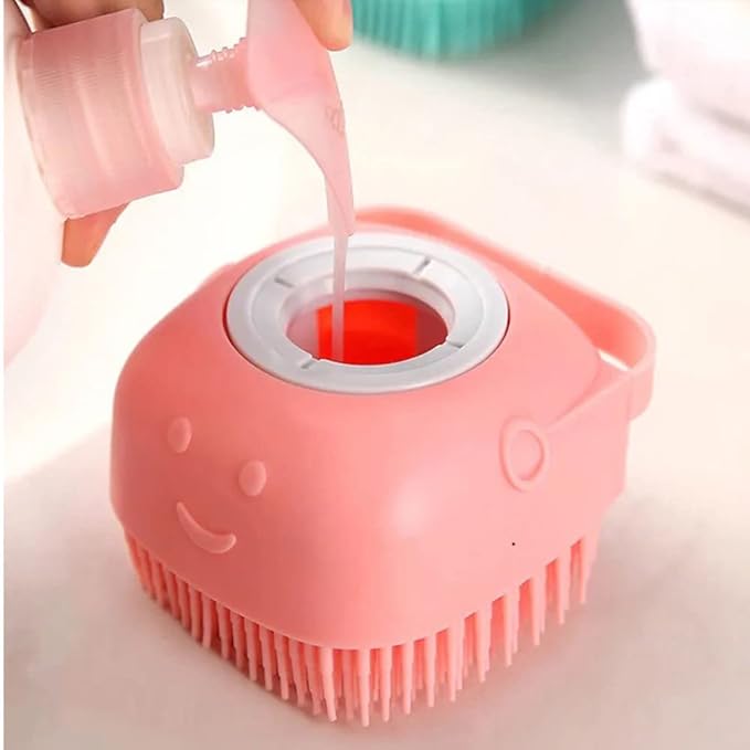 Dog Brush – Cat Brush – Shampoo Dispensing Scrubber – Soft Silicone Design – Hanging Loop – For All Skin Types – Grooming, Deshedding and Exfoliating, Pink