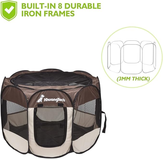 Foldable Pet Dog Playpen, Pop Up Portable Cat Playpen, Indoor/Outdoor for Kitten Puppy Play Pen, Cats Crate Tent with Carrying Bag, 600D Oxford (Coffee + Beige, Medium (31.5"x31.5"x23"), 8)