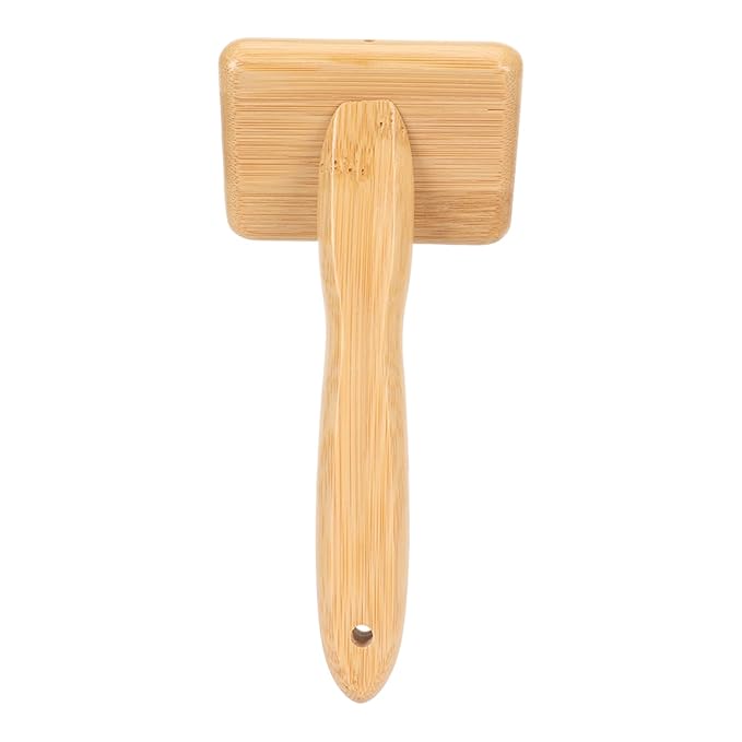 Macrame Slicker Comb with Hole Cushion Finely Polished Bamboo Cleaning Brush Sheepskin Wool Stainless Steel Pins Carding Rug Fur Brushes Long Prongs Pet (12x15.2x4.5cm /