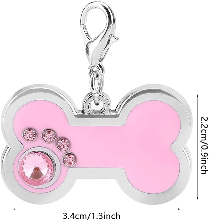 KUIDAMOS 4 Colors Cute Pet Zinc Alloy Tag, Bone Shape with Rhinestones Decor, Personalized for Dogs and Cats, Also as A Keychain()