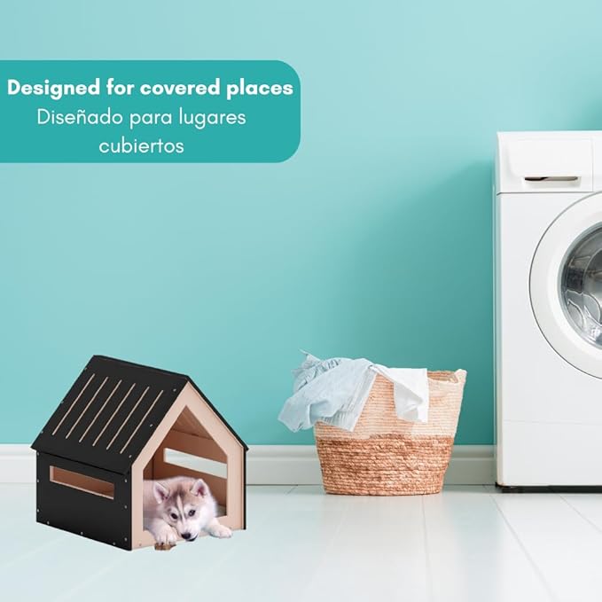 Medium House for Pets, Wooden House for Pets for Interiors, Resistant Wood with Cushion for Dog Included, Minimalist, Elegant and Resistant, 18x18x18 in, Black