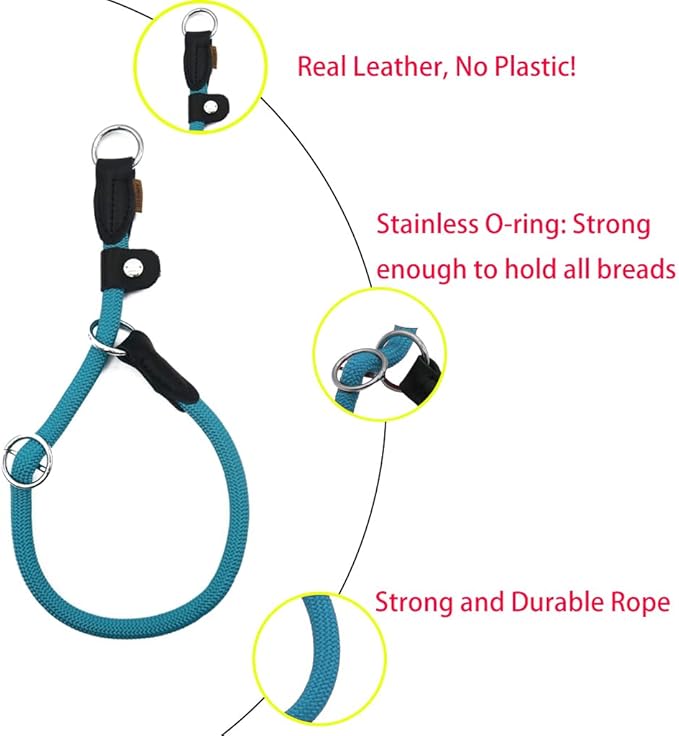 Braided Rope Collar, Training Dog Collar, Round Martingale Collar, Slip Collar with Adjustable Stopper and Slidable Stop Ring - Ideal for Extra Large Dogs (XL(1/2") - 24" Long, Light Blue)