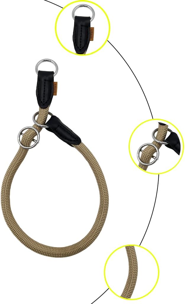 Braided Rope Collar, Pro Training Dog Collar, No Pull Round Martingale Collar, Slip Collar with Slidable Stop Ring - Ideal for Small Dogs (S (1/3") - 16" Long, Khaki)
