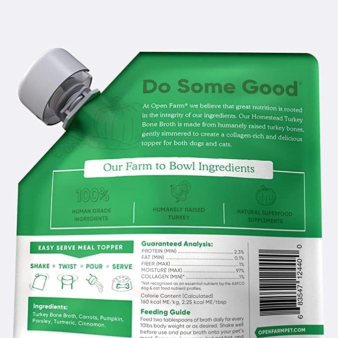 Open Farm Bone Broth, Food Topper for Both Dogs and Cats with Responsibly Sourced Meat and Superfoods Without Artificial Flavors or Preservatives, 72oz (6 Pack Homestead Turkey)