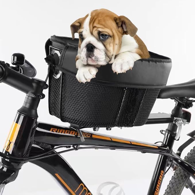 Dog Bike Basket,Soft-Sided Pet Bicycle Carrier Wiith Safety Strap,Pet Travel Bag,Quick Detachable Breathable Bicycle Basket Bag,Ride Bicycle Basket for Dogs and Cats Up to 16lbs, Black1