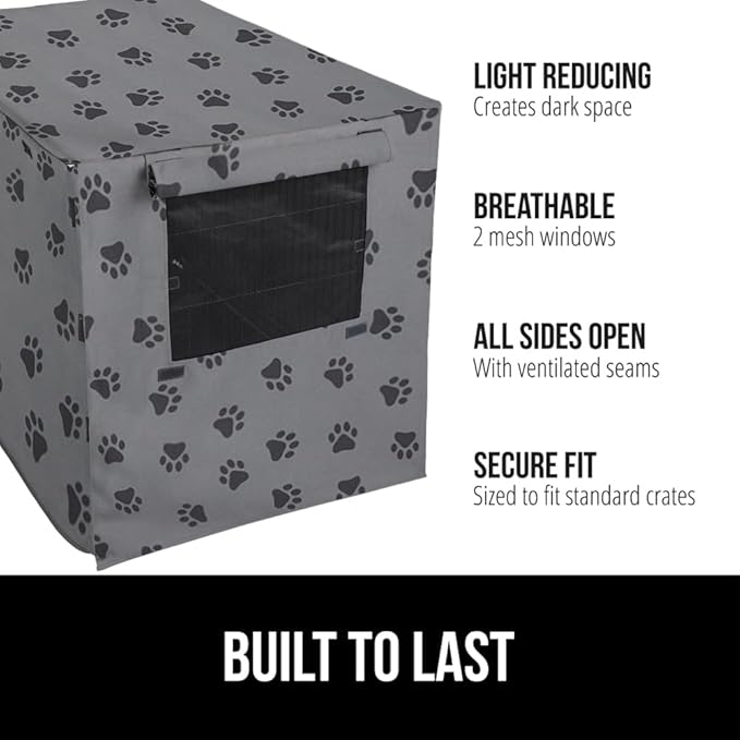 Gorilla Grip Dog Crate Covers compatible with Amazon Basics Dog Crates, All Sides Open, Privacy Cover Fits 30" Wire Kennel, Breathable Mesh Windows, Light Reducing Puppy Training Cage Topper, Gray Paw
