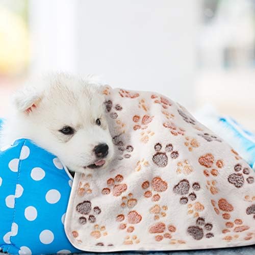 Tatuo 4 Pcs Dog Blanket Pet Puppy Blanket Puppy Teething Toys Paw Print Fleece Blanket for Pet Cat Soft Warm Sleep Mat Guinea Pig Cage Blanket(Medium(30 x 20.5 Inch),White, Coffee, Pink, Purple)