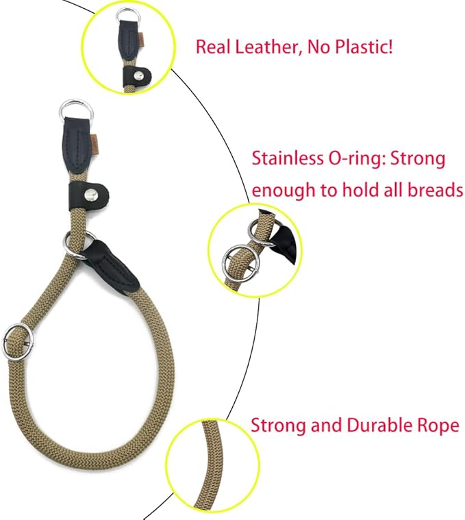 Braided Rope Collar, Training Dog Collar, Round Martingale Collar, Slip Collar with Adjustable Stopper and Slidable Stop Ring - Ideal for Extra Large Dogs (XL(1/2") - 24" Long, Khaki)