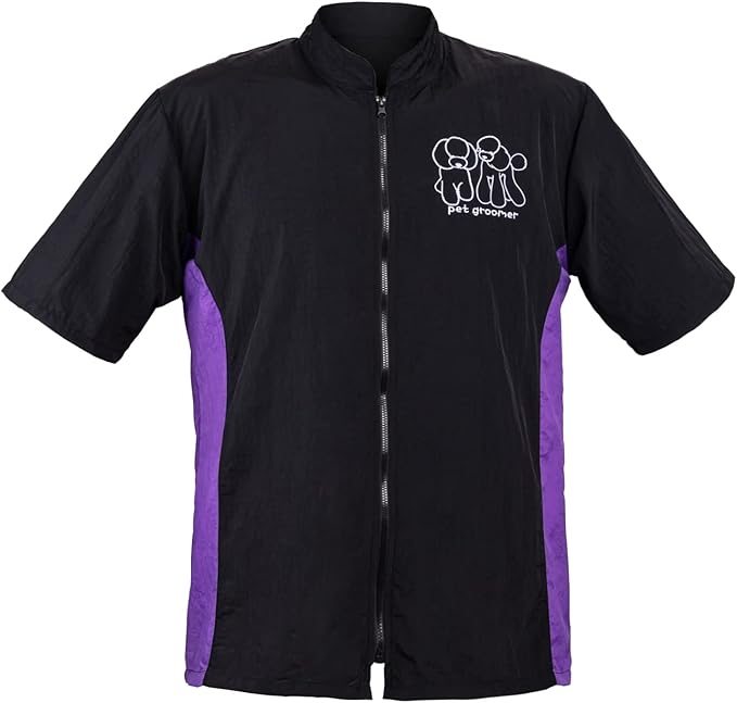 Noverlife Pet Grooming Workwear with Full Zipper, M Size, Anti-Static Pet Beautician Work Clothes, Lightweight Hair Repellent Shirt Style Pet Groomer Smock for Dog Cat Grooming Shop