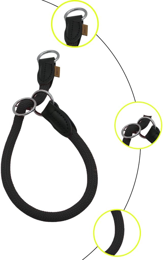 Braided Rope Collar, Pro Training Dog Collar, No Pull Round Martingale Collar, Slip Collar with Slidable Stop Ring - Ideal for Small Dogs (S(1/3") - 16" Long, Black)