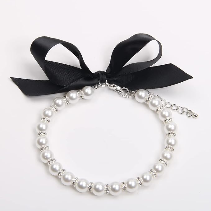 Dog Cat Pearls Necklace Collar with Bling Accessories and Ribbon Bow Pet Puppy Jewelry for Female Dogs Cats Small Medium (M, White)