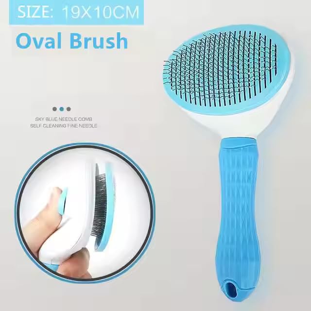 Self-Cleaning Pet Brush - One-Click Release Dog and Cat Grooming Tool with Oval Design for Easy Deshedding and Massage, Available in Sky Blue and Grey