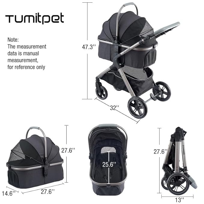 Pet Stroller for Small Medium Dogs, Cat Stroller Travel System Four Wheel Dog Stroller with Carrier, Zipperless Entry/Cup Holder/Storage Basket