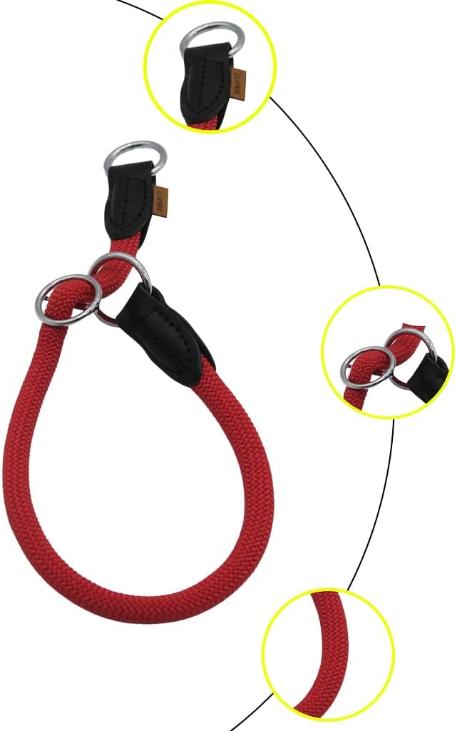 Braided Collar, Pro Training Dog Collar, No Pull Round Collar, Slip Collar with Slidable Stop Ring - Ideal for Medium/Large Dogs (M+(1/2") - 18" Long, Red)