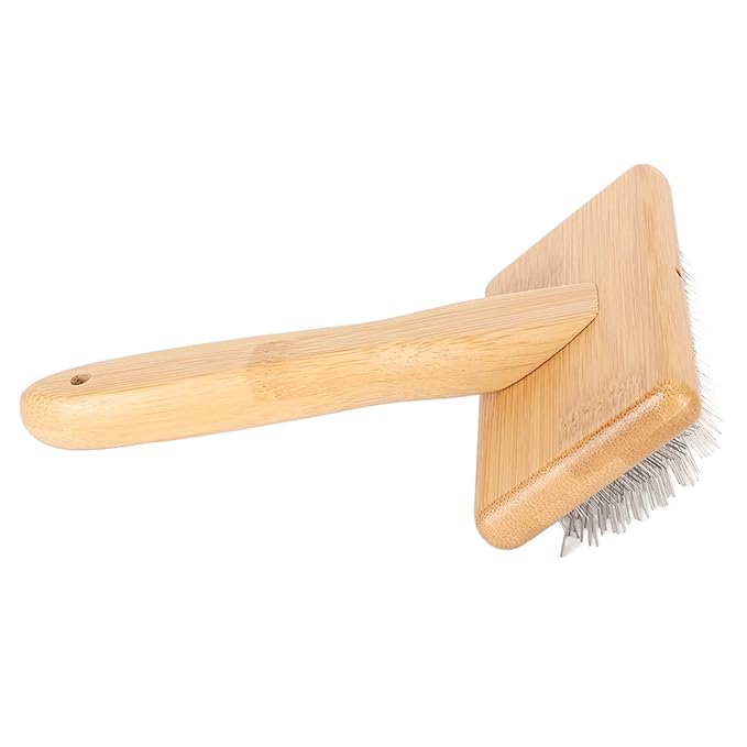 Macrame Slicker Comb with Hole Cushion Finely Polished Bamboo Cleaning Brush Sheepskin Wool Stainless Steel Pins Carding Rug Fur Brushes Long Prongs Pet (13.7x20.3x5.2cm