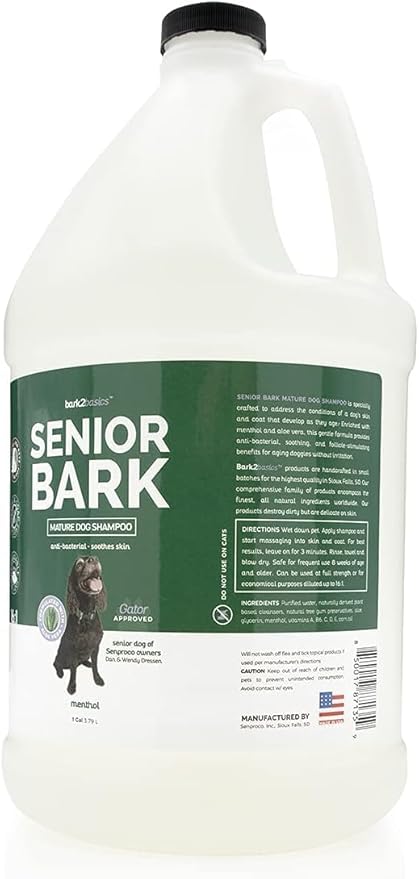 Bark2Basics Senior Bark Dog Shampoo | 1 Gallon, Expertly Crafted for Senior Dogs, Enriched with Menthol and Aloe Vera, Provides Soothing to Muscles and Joints, Follicle Stimulating