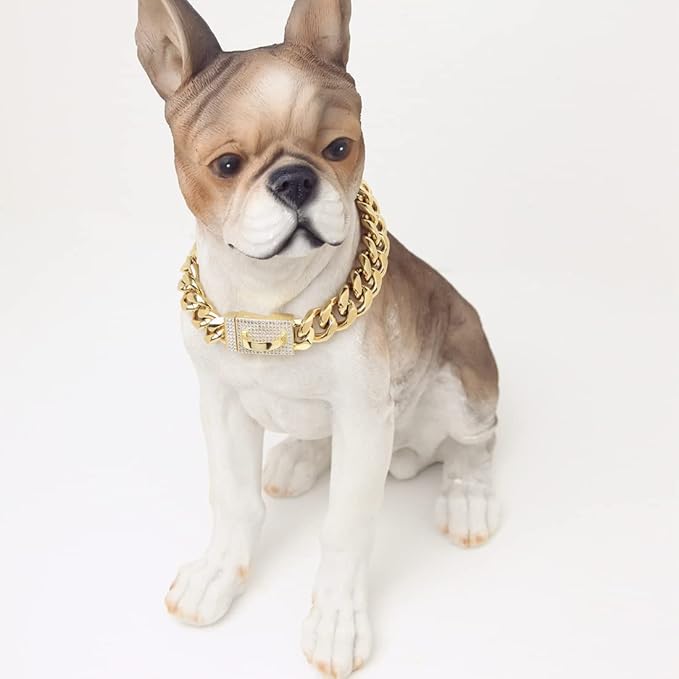 New Gold Dog Chain Collar with Bling Cubic Zirconia Secure Buckle,15MM Strong Stainless Steel Cuban Link Chain Collars,Luxury Necklace Collar for Small Medium & Large Dogs