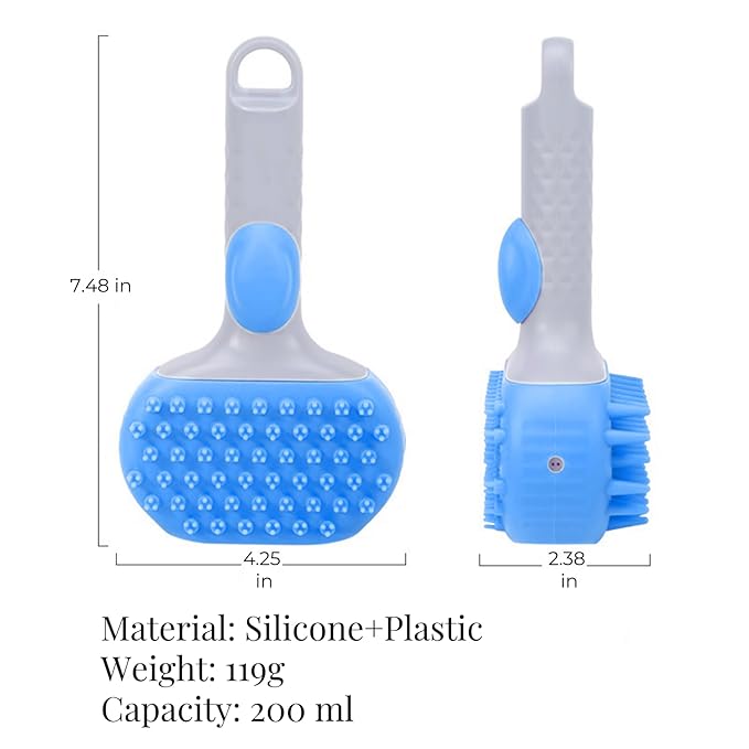 QMEAKMONY Dog Bath Brush Shampoo Brush Scrubber for Bath with Soap Dispenser Soft Bristles Deep Cleaning Ergonomic Handle for Grooming Shedding and Long Short Haired Dogs (Blue)