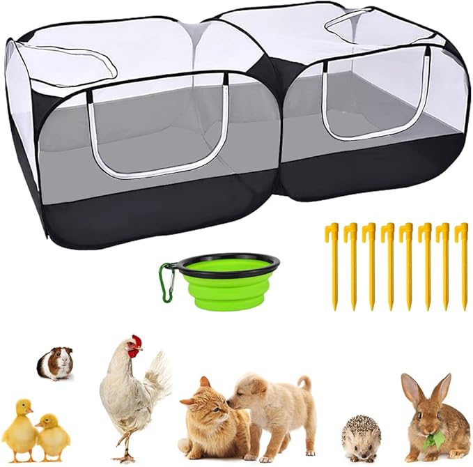 Small Animal Pet Playpen with Feeder Bowl and Storage Bag,Portable & Breathable Chicken Coop for Puppy Kitten Rabbits Indoor Outdoor(Black)