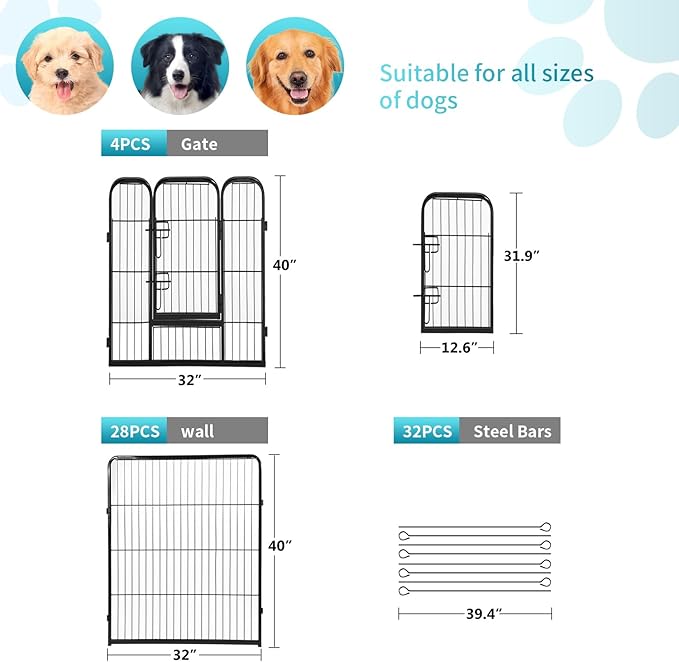 FDW Dog Playpen Dog Pen Dog Kennel 32 Panels 40 Inch Hight Indoor Outdoor Folding Metal Portable Puppy Exercise Pen Heavy Duty Dog Fence for Yard Camping,Black
