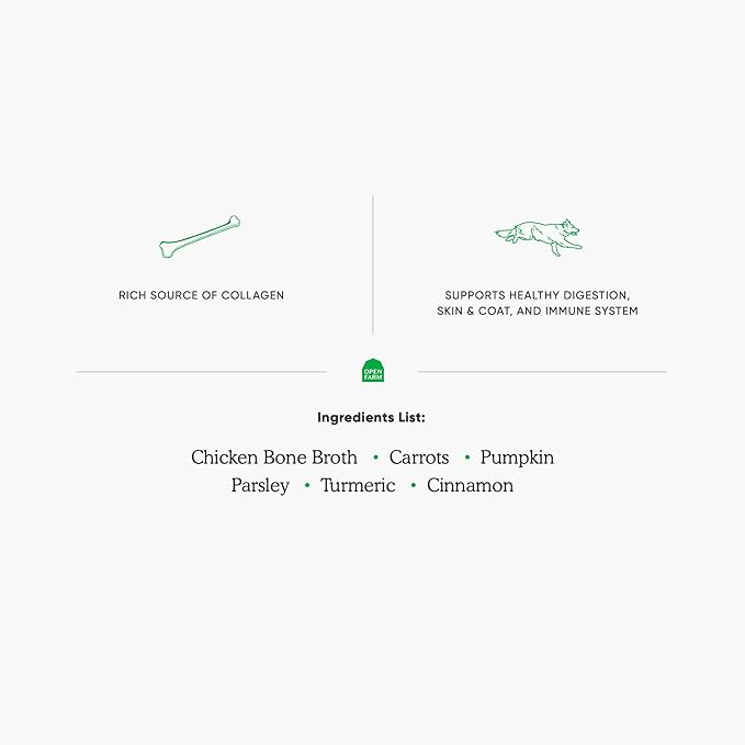 Open Farm Bone Broth, Food Topper for Both Dogs and Cats with Responsibly Sourced Meat and Superfoods Without Artificial Flavors or Preservatives, 12oz (Harvest Chicken)