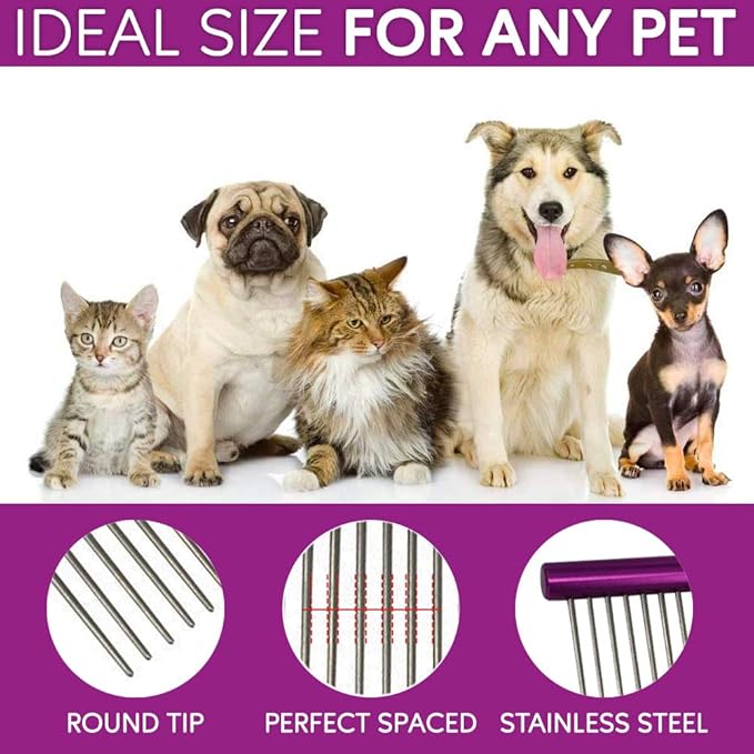 Pet Comb 10 inches Comfortable Grooming Comb with Different-Spaced Rounded Stainless Steel Teeth, Easy Grip and Convenient Grooming for Pets Dog Cat with Medium Coarse Fur - Purple