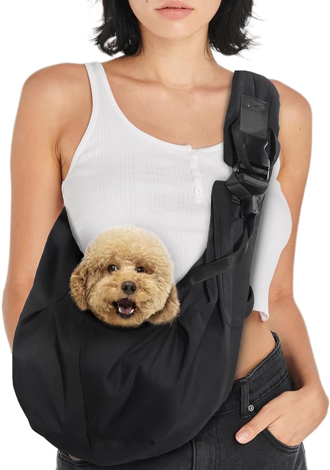 Avont Dog Sling for Small Dog Cats Under 15lbs, Hands-Free Crossbody Pet Carrier with Adjustable Padded Strap Extra Pocket, Safe Soft Pouch Bag for Puppies' Walks Outings -Black