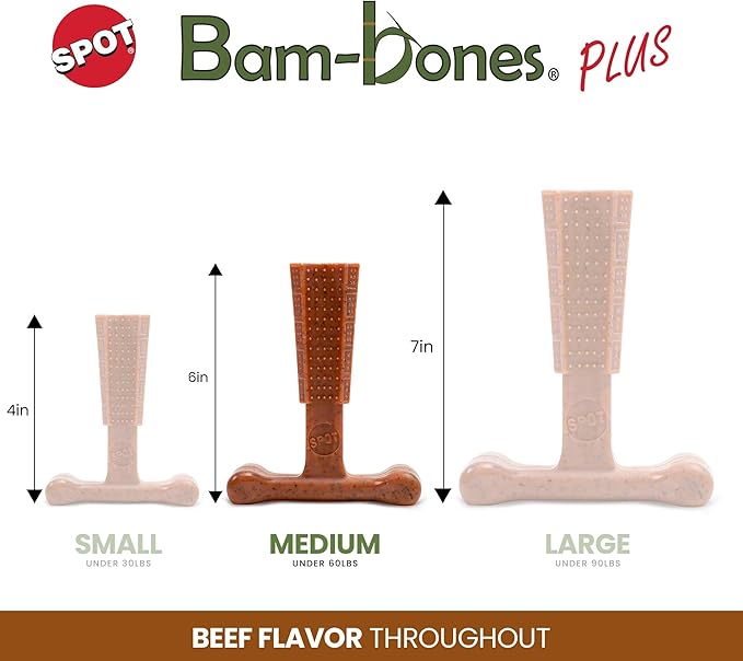 SPOT Bam-bones PLUS T Bone - Bamboo Fiber & Nylon, Durable Long Lasting Dog Chew for Aggressive Chewers – Great Toy for Adult Dogs & Teething Puppies under 60lbs, Non-Splintering, 6in, Beef Flavor