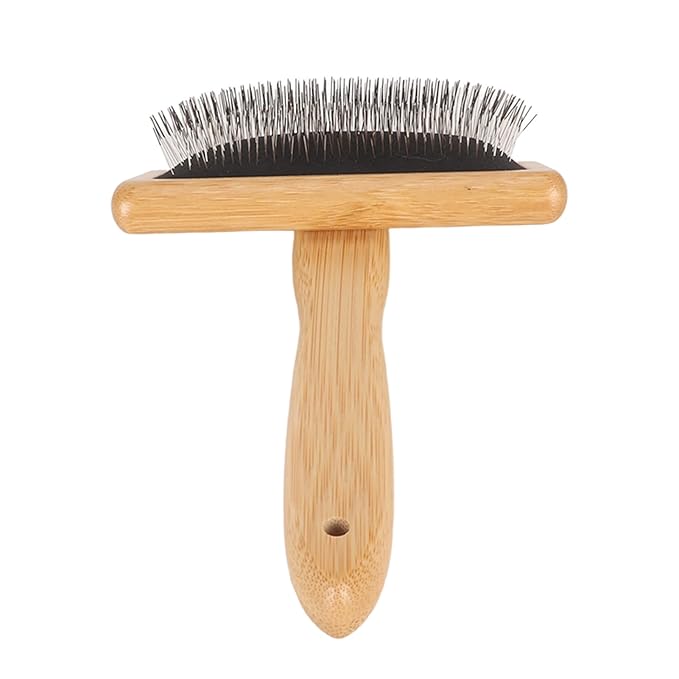 Macrame Slicker Comb with Hole Cushion Finely Polished Bamboo Cleaning Brush Sheepskin Wool Stainless Steel Pins Carding Rug Fur Brushes Long Prongs Pet (13.7x20.3x5.2cm