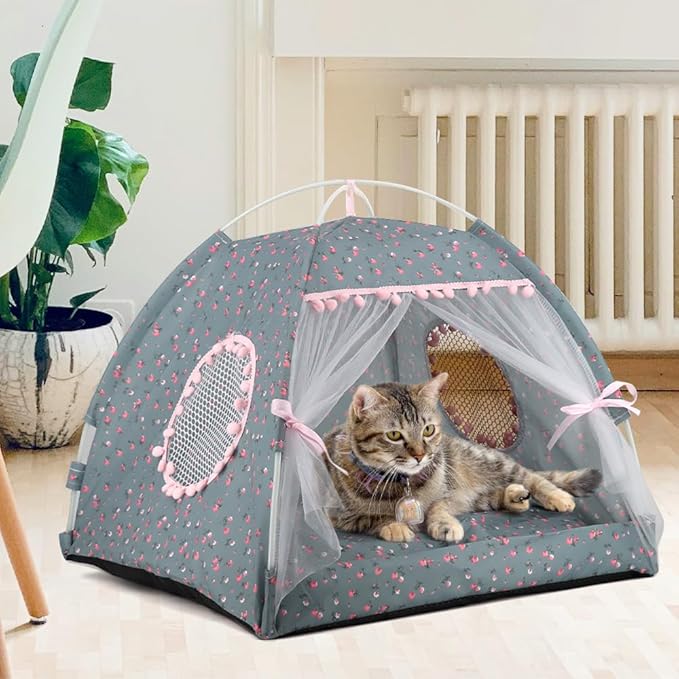 pawstrip Dog Tent Indoor Cat House Pink Puppy Bed Portable Pet Teepe Princess Dog Camping Tent Outdoor Kitten Houses Cute Bunny Nest Girl Kitty Cave (M, Gray)