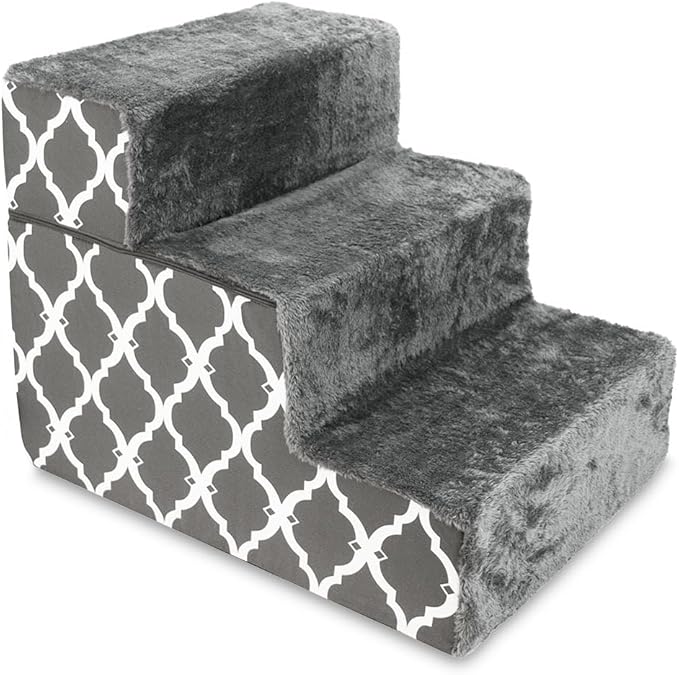 Best Pet Supplies Portable Foldable Foam Pet Stairs/Steps for Couch, Sofa, and High Bed, Non-Slip Bottom Balanced Paw Safe - Gray Lattice Print, Foldable 3-Step (H: 16.5")