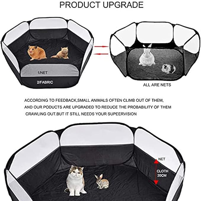 Small Animal Playpen,Portable Small Animal Cage Tent Breathable Pet Playpen Cage Tent Pop-Up Outdoor&Indoor Exercise Fence for Hamster Guinea Pig Rabbit Puppy Hedgehog (Black no Cover)