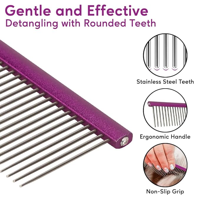 Pet Comb 8 inches Comfortable Grooming Comb with Different-Spaced Rounded Stainless Steel Teeth, Easy Grip and Convenient Grooming for Pets Dog Cat with Medium Coarse Fur - Purple