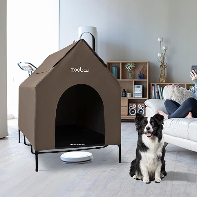 X-Large 48" Dog House - Weatherproof PVC, Textilene Cooling Bed - Easy to Clean (Brown)