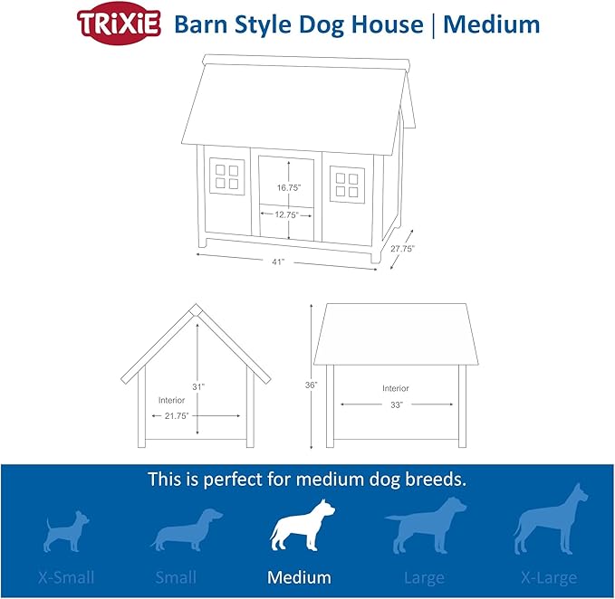 TRIXIE Natura Barn Style Dog House – Dog House for Medium Dogs with Weatherproof Sealer & Peaked Roof, Wooden Dog House with Adjustable Legs for Small to Medium-Sized Dogs – 41 x 27.75 x 36 in