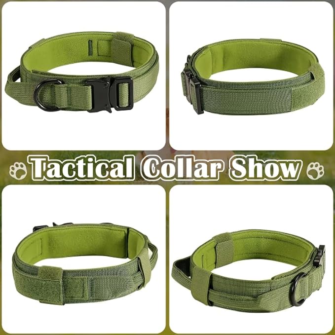 Tactical Dog Collar with Handle, Heavy Duty Military Dog Collar with Heavy Metal Buckle for Training, Adjustable Tactical Collars for for Medium and Large Dogs (M, Green)