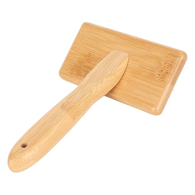 Macrame Slicker Comb with Hole Cushion Finely Polished Bamboo Cleaning Brush Sheepskin Wool Stainless Steel Pins Carding Rug Fur Brushes Long Prongs Pet (13.7x20.3x5.2cm