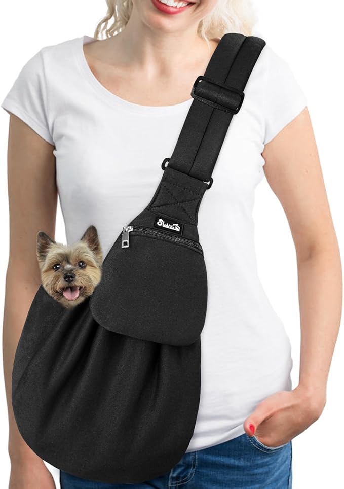 Lukovee Pet Sling, Hand Free Dog Sling Carrier Adjustable Padded Strap Tote Bag, Shoulder Bag with Front Pocket Safety Belt Carrying Small Dog Cat Puppy Machine Washable (Black-WY,S)
