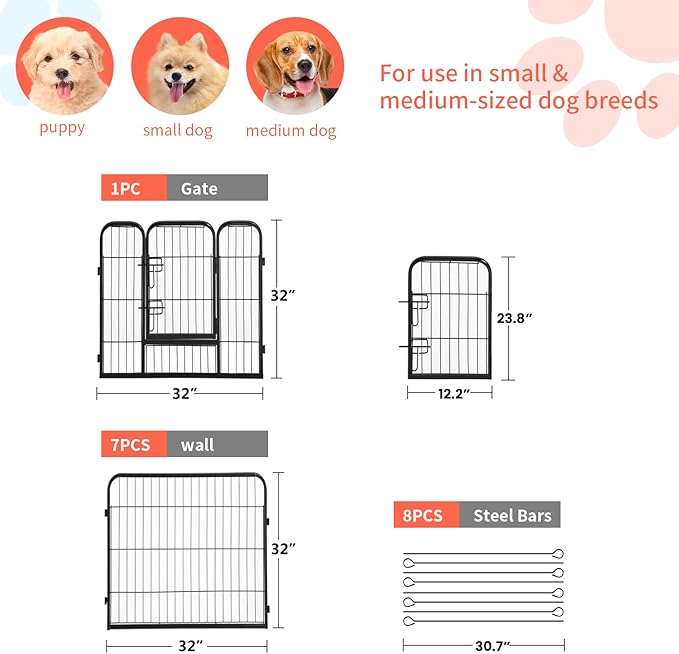 FDW Dog Playpen Dog Pen Dog Kennel 8 Panels 32 Inch Hight Indoor Outdoor Folding Metal Portable Puppy Exercise Pen Heavy Duty Dog Fence for Yard Camping,Black