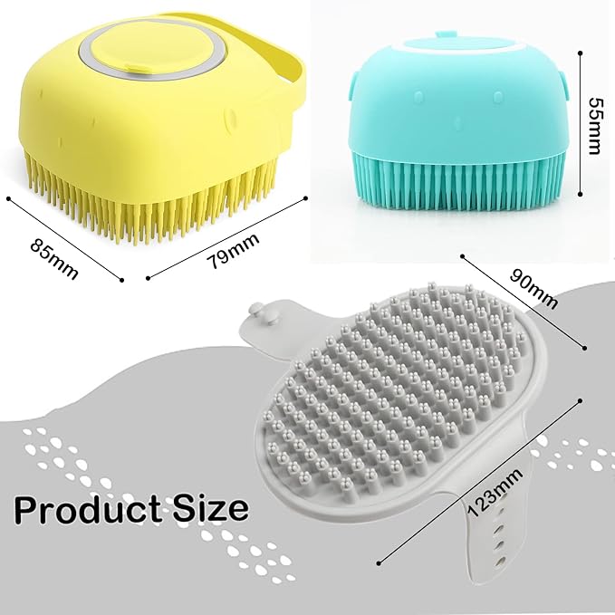 ELEGX Pet Grooming Bath Massage Brush with Soap and Shampoo Dispenser Soft Silicone Bristle for Long Short Haired Dogs Cats Shower (3 PCS(Yel+Blu+Hard Brush))