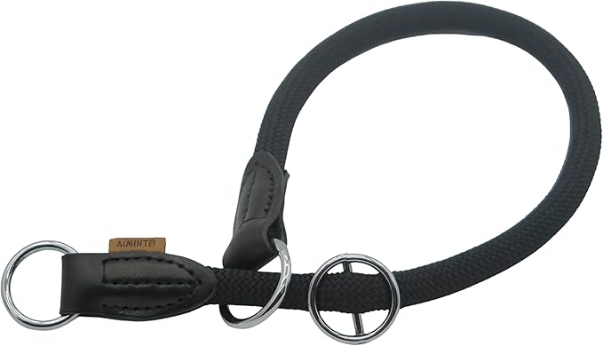 Braided Rope Collar, Pro Training Dog Collar, No Pull Round Martingale Collar, Slip Collar with Slidable Stop Ring - Ideal for Large Dogs (L(1/2") - 22" Long, Black)
