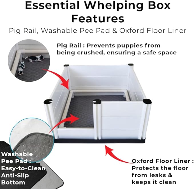 Whelping Box & Puppy Playpen – Upgraded Reinforced Design with Easy-Open Door, Pig Rails, Waterproof Pee Pad & Oxford Floor Liner – Indoor/Outdoor, Easy to Clean (White, Premium 36" x 36" x 18")