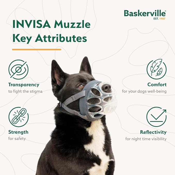 Baskerville INVISA Basket Dog Muzzle - Patented Humane Design with Facial Visibility, Padded Nose Band, Dog can Pant and Drink, Prevents Biting and Scavenging. Muzzle for Small Dogs (Size 1)