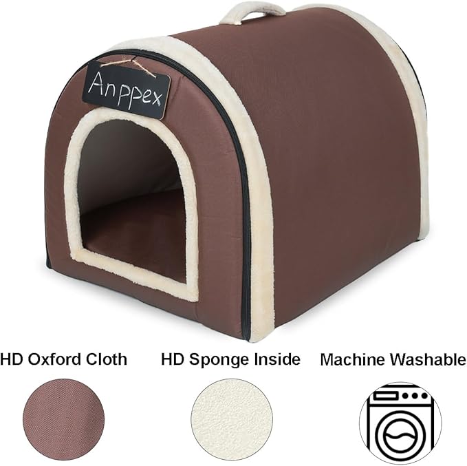 ANPPEX Small Igloo Dog House Indoor,M Size Dog Cave for Small Dogs and Cats,2-in-1 Washable Covered Dog Bed,Brown