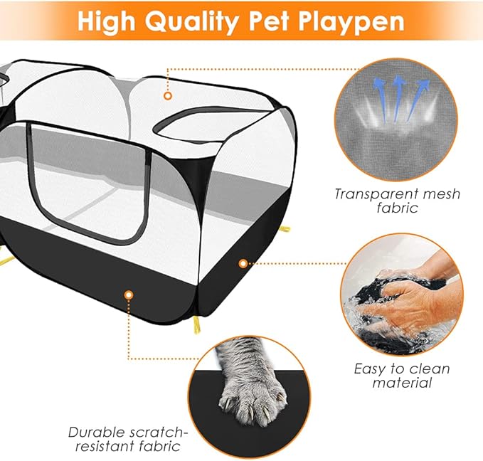 SlowTon Small Animals Playpen, Portable Large Chicken Run Coop with Breathable Transparent Mesh Walls Foldable Pet Cage Tent with 4 Zipper Doors for Puppy Rabbits Outdoor Yard (No Bottom)