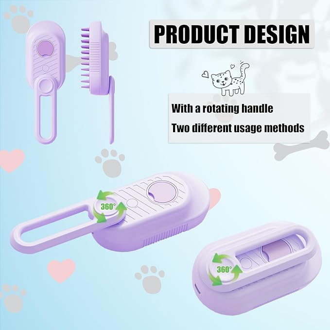 Steam Brush for Cats Dog Fur Misting Brush Rabbit Brush for Shedding Grooming with Charging Cable and Collapsible Handle ALD-002-P (Purple)